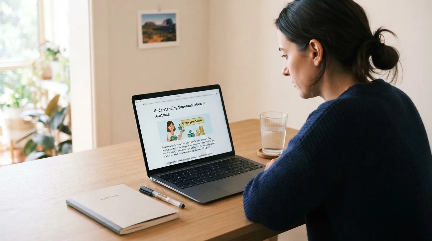 A person at a laptop reading a plain-language explainer article at a home desk.
