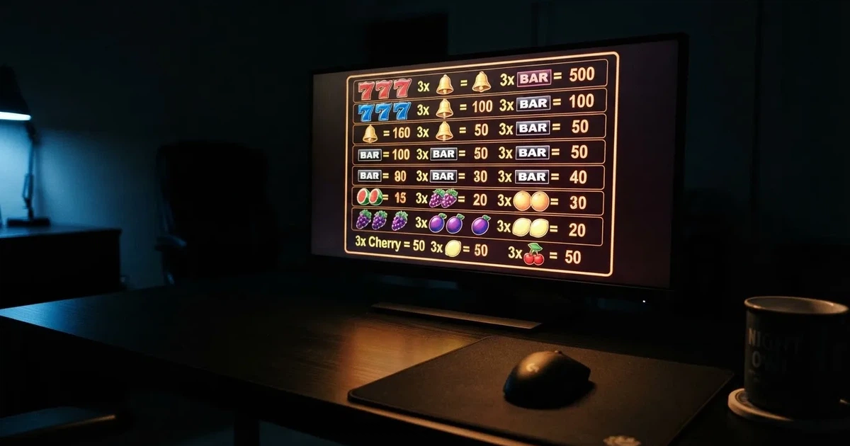 A slot machine's paytable screen glowing on a monitor in a dim room.