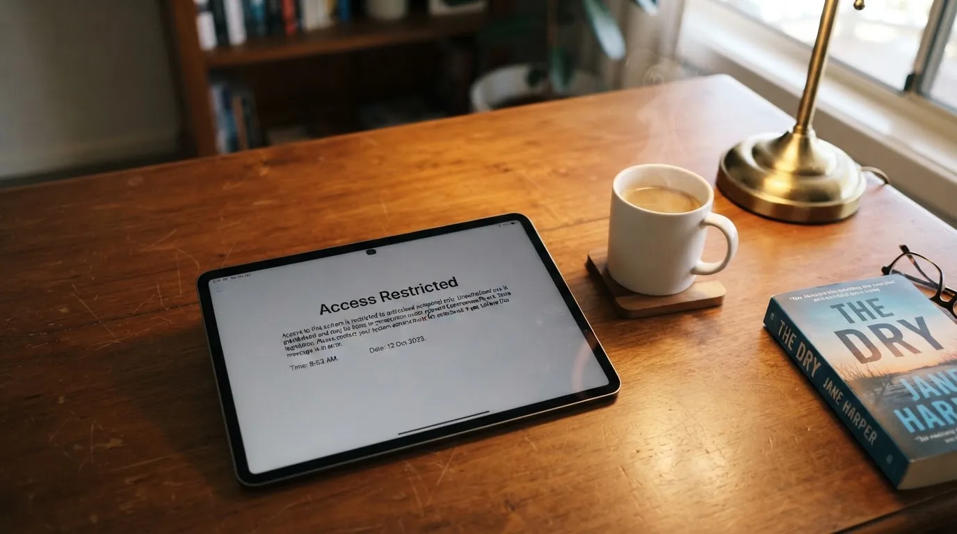 A tablet screen displaying an official regulator warning notice on a desk beside a coffee cup.