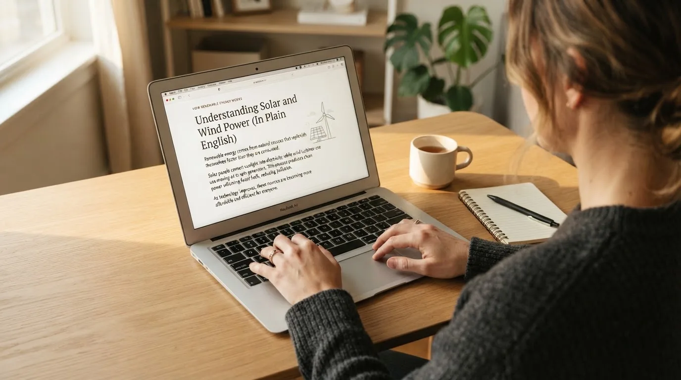 A person at a laptop reading a plain-language explainer article at a home desk.
