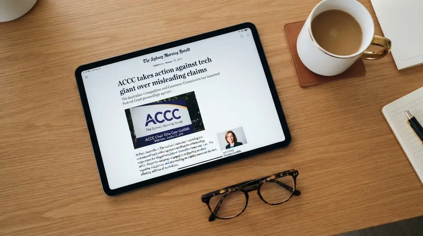 A tablet screen displaying an official regulator warning notice on a desk beside a coffee cup.
