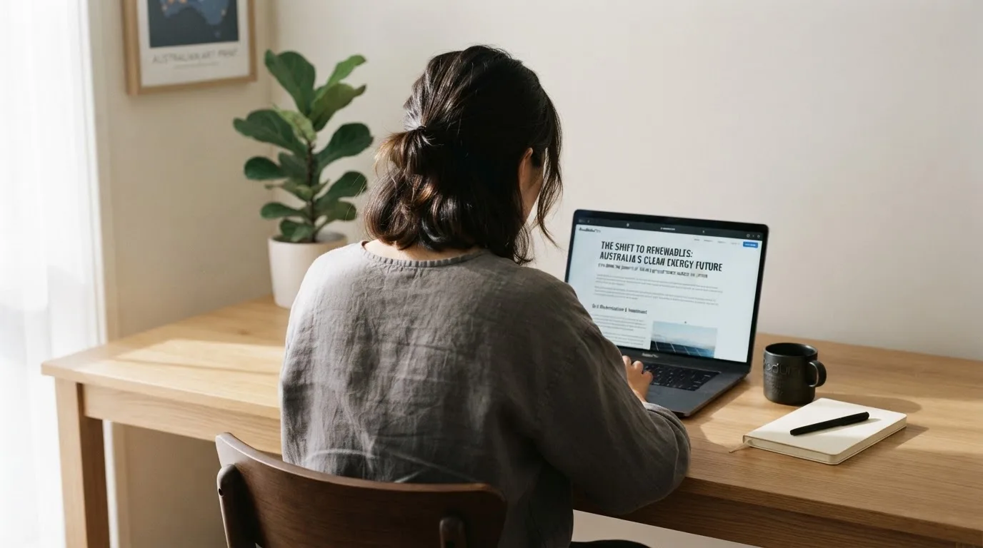 A person at a laptop reading a plain-language explainer article at a home desk.