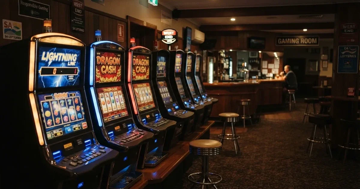 Rows of electronic gaming machines lit up inside a suburban pub near Adelaide's CBD.