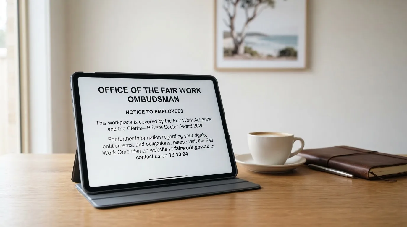 A tablet screen displaying an official regulator warning notice on a desk beside a coffee cup.