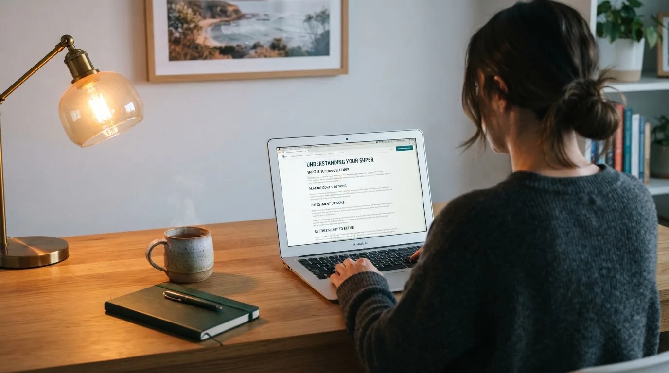 A person at a laptop reading a plain-language explainer article at a home desk.