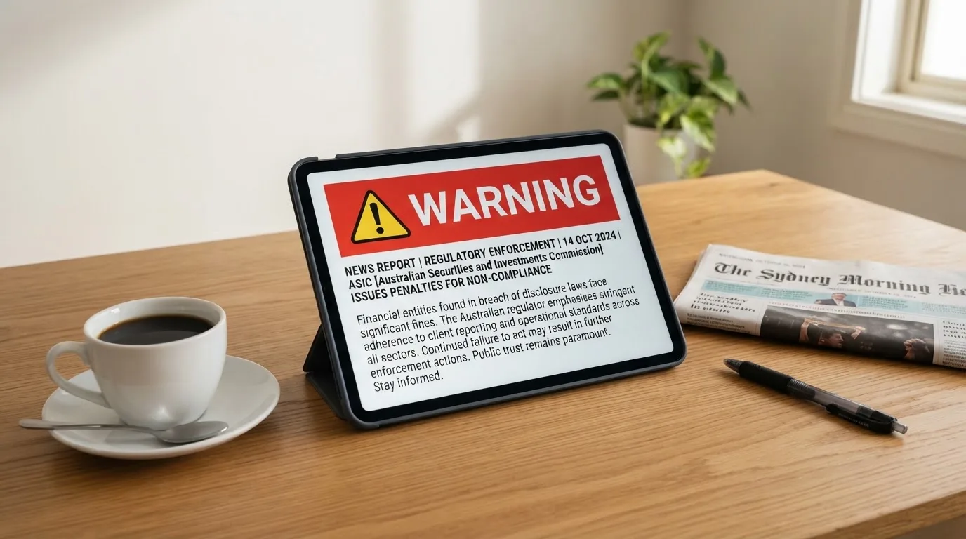 A tablet screen displaying an official regulator warning notice on a desk beside a coffee cup.