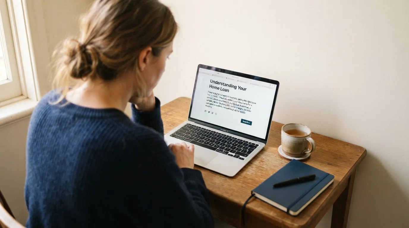 A person at a laptop reading a plain-language explainer article at a home desk.