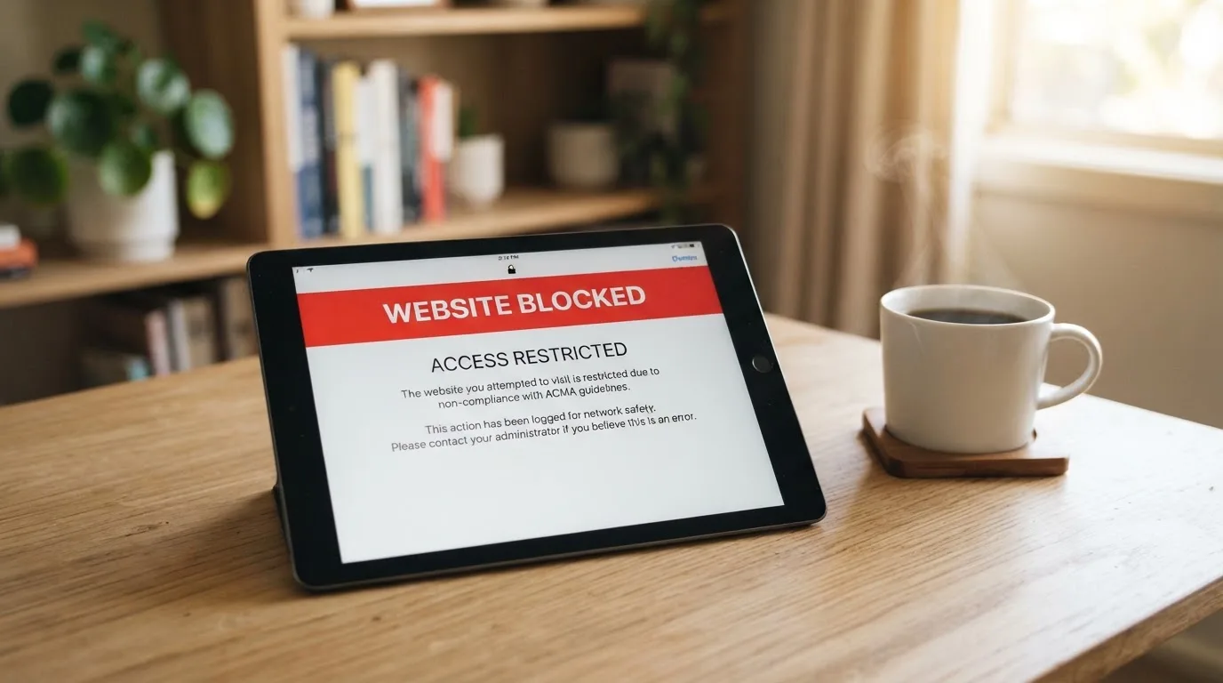 A tablet screen displaying an official regulator warning notice on a desk beside a coffee cup.