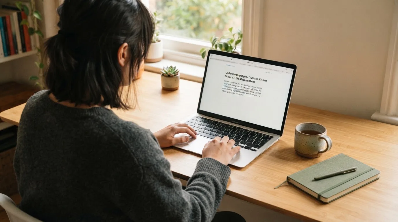 A person at a laptop reading a plain-language explainer article at a home desk.