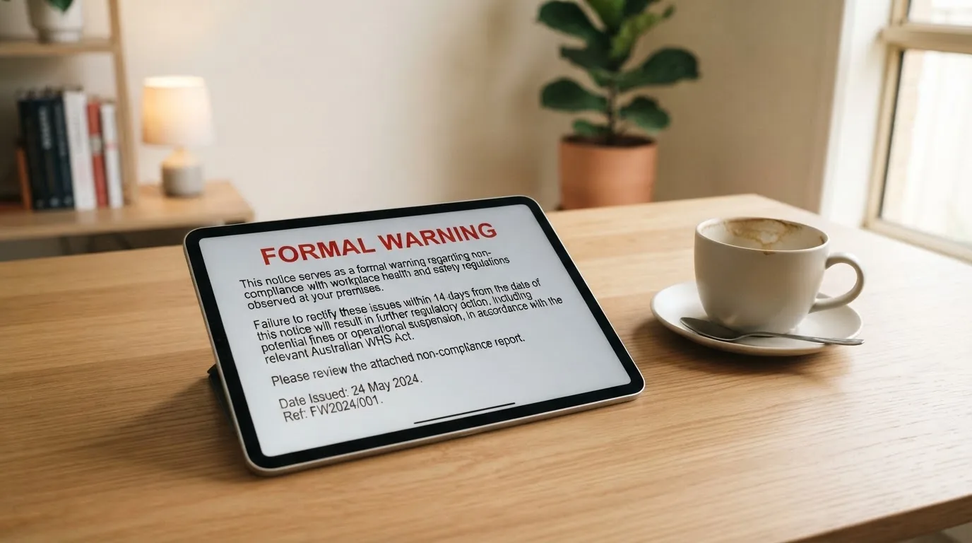 A tablet screen displaying an official regulator warning notice on a desk beside a coffee cup.