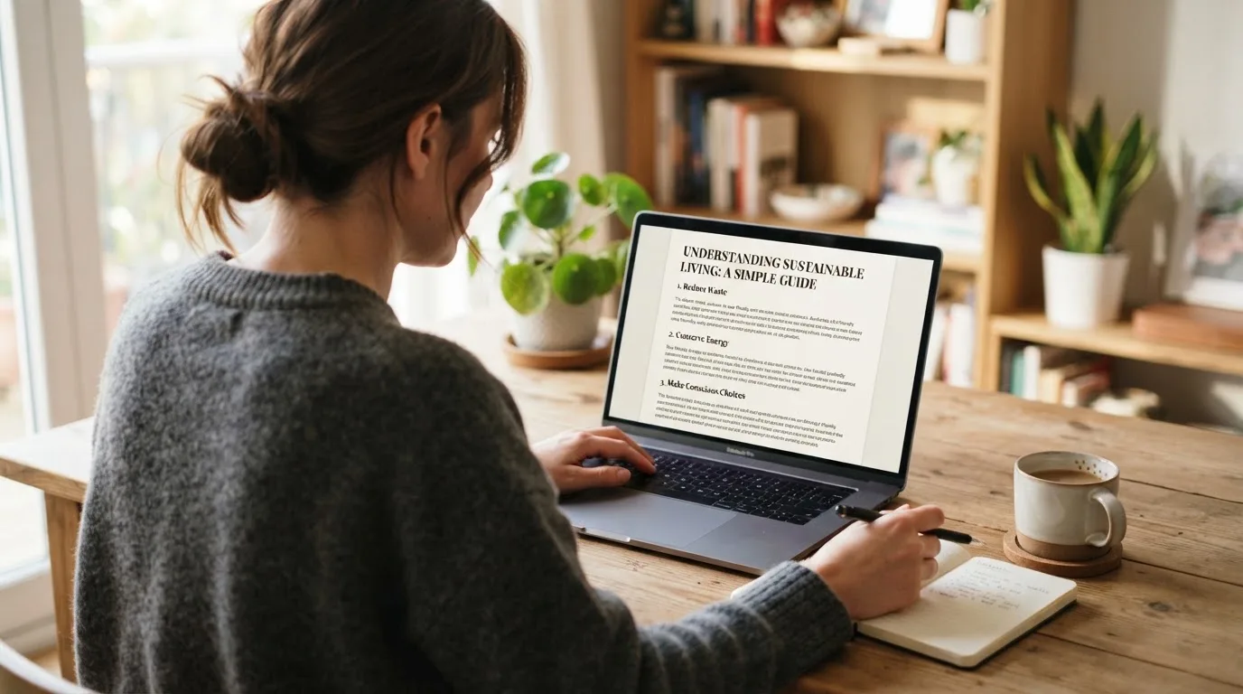 A person at a laptop reading a plain-language explainer article at a home desk.