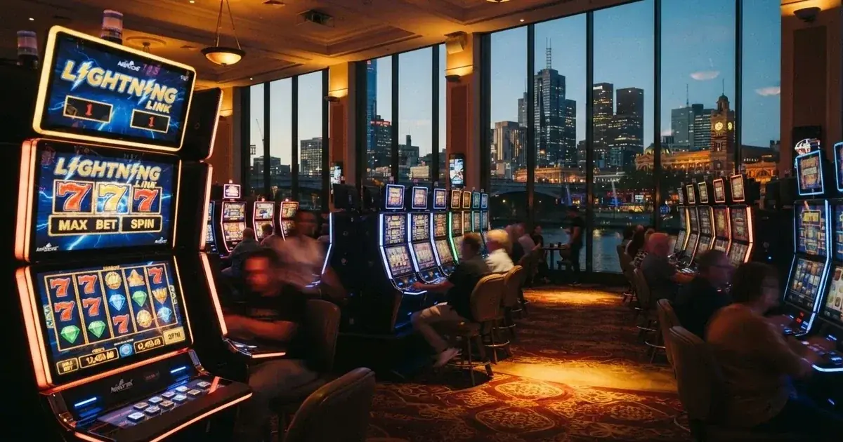 A gaming floor with rows of electronic machines beside the Yarra River in Melbourne.