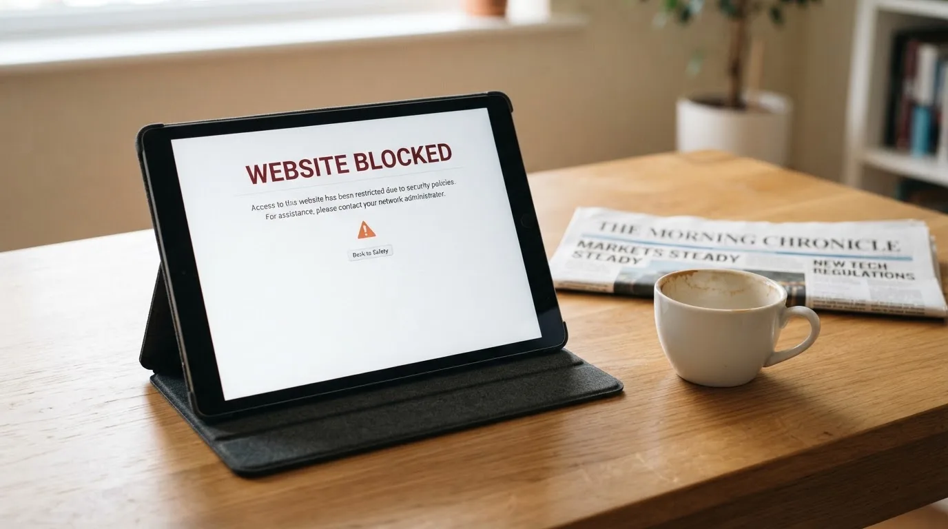 A tablet screen displaying an official regulator warning notice on a desk beside a coffee cup.