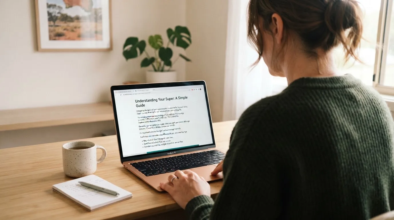 A person at a laptop reading a plain-language explainer article at a home desk.
