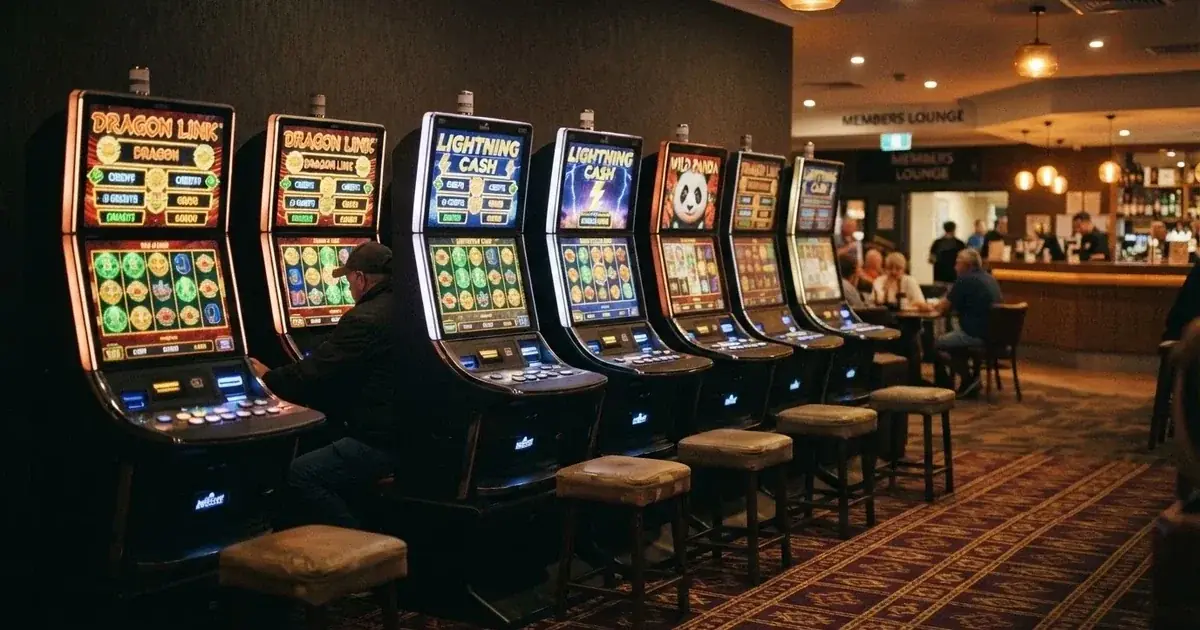 A row of gaming machines inside a suburban registered club in regional New South Wales.