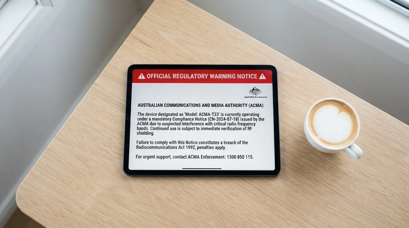 A tablet screen displaying an official regulator warning notice on a desk beside a coffee cup.