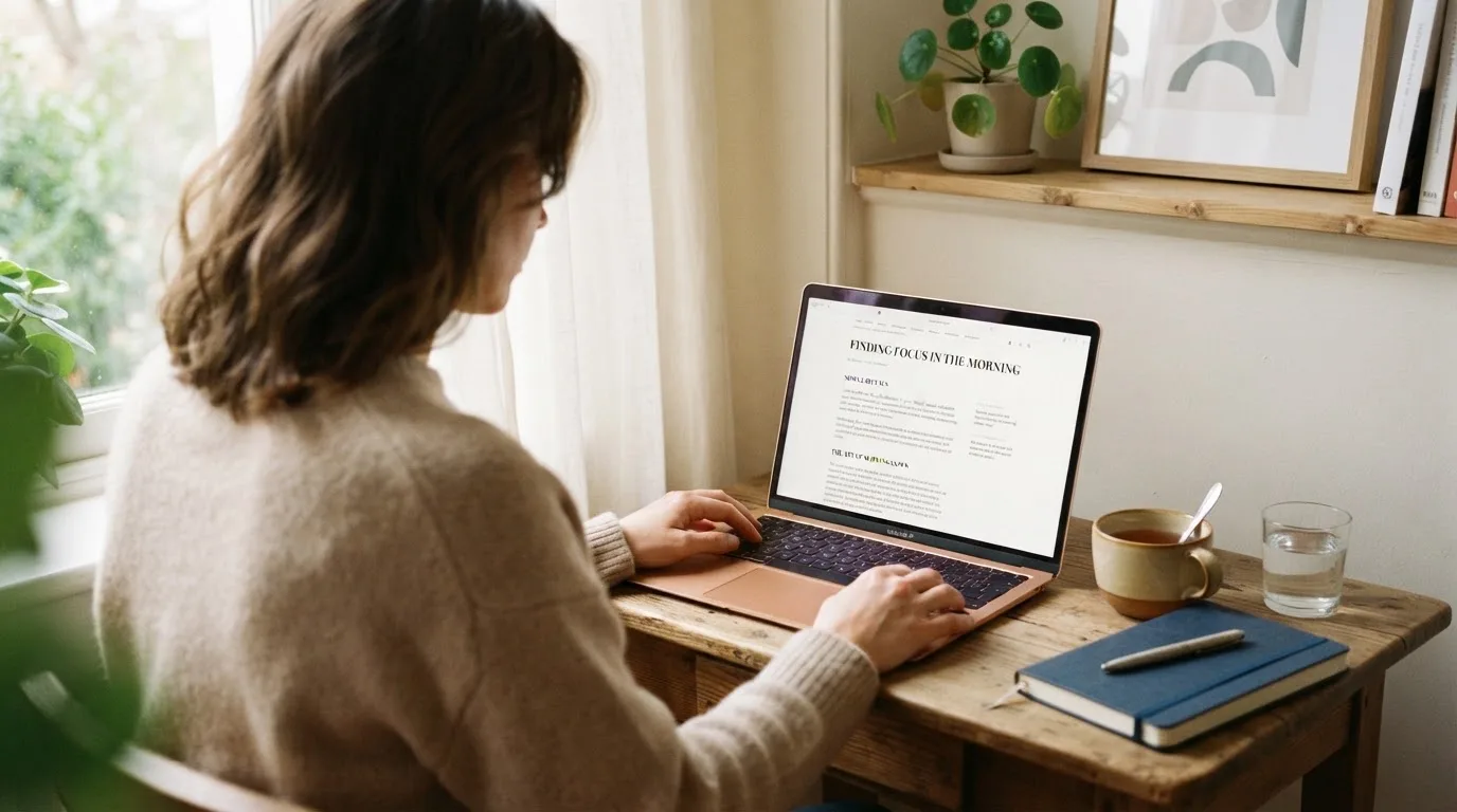 A person at a laptop reading a plain-language explainer article at a home desk.
