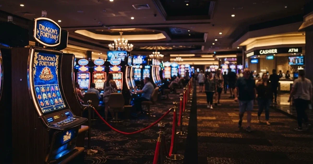 A casino resort gaming floor with rows of electronic machines in Perth.