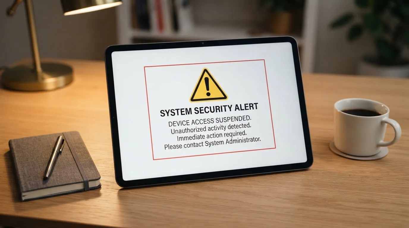 A tablet screen displaying an official regulator warning notice on a desk beside a coffee cup.