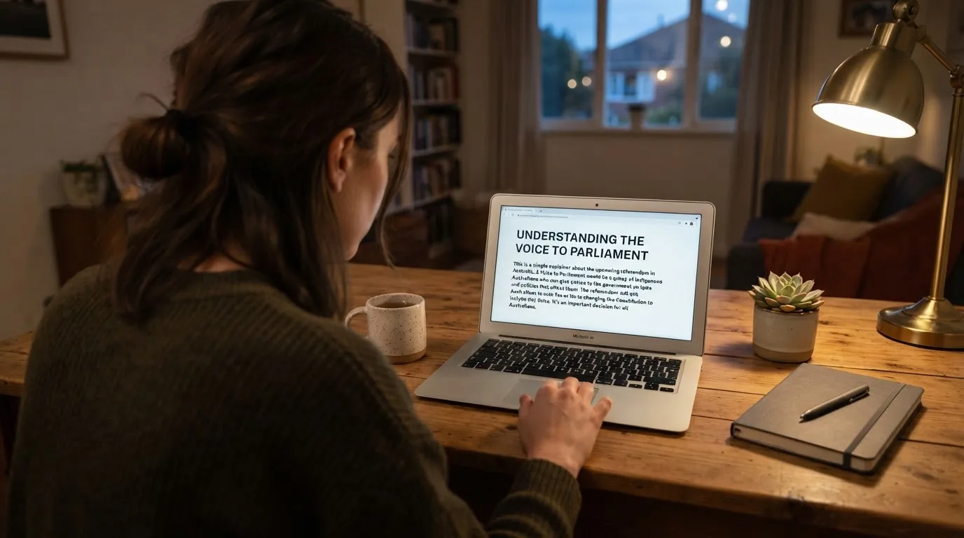 A person at a laptop reading a plain-language explainer article at a home desk.