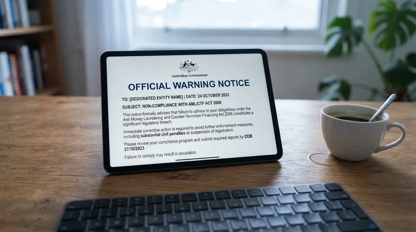 A tablet screen displaying an official regulator warning notice on a desk beside a coffee cup.