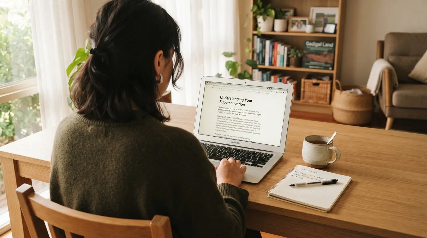 A person at a laptop reading a plain-language explainer article at a home desk.