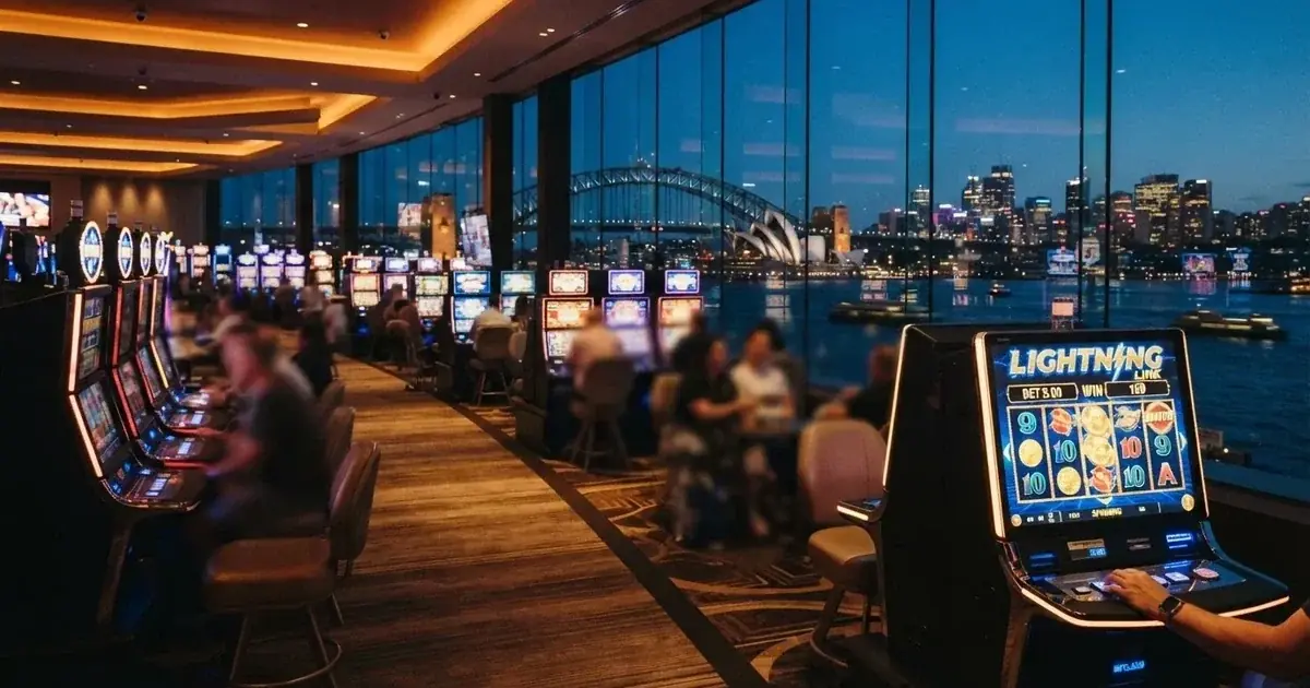 A casino gaming floor overlooking the harbour precinct in Sydney.
