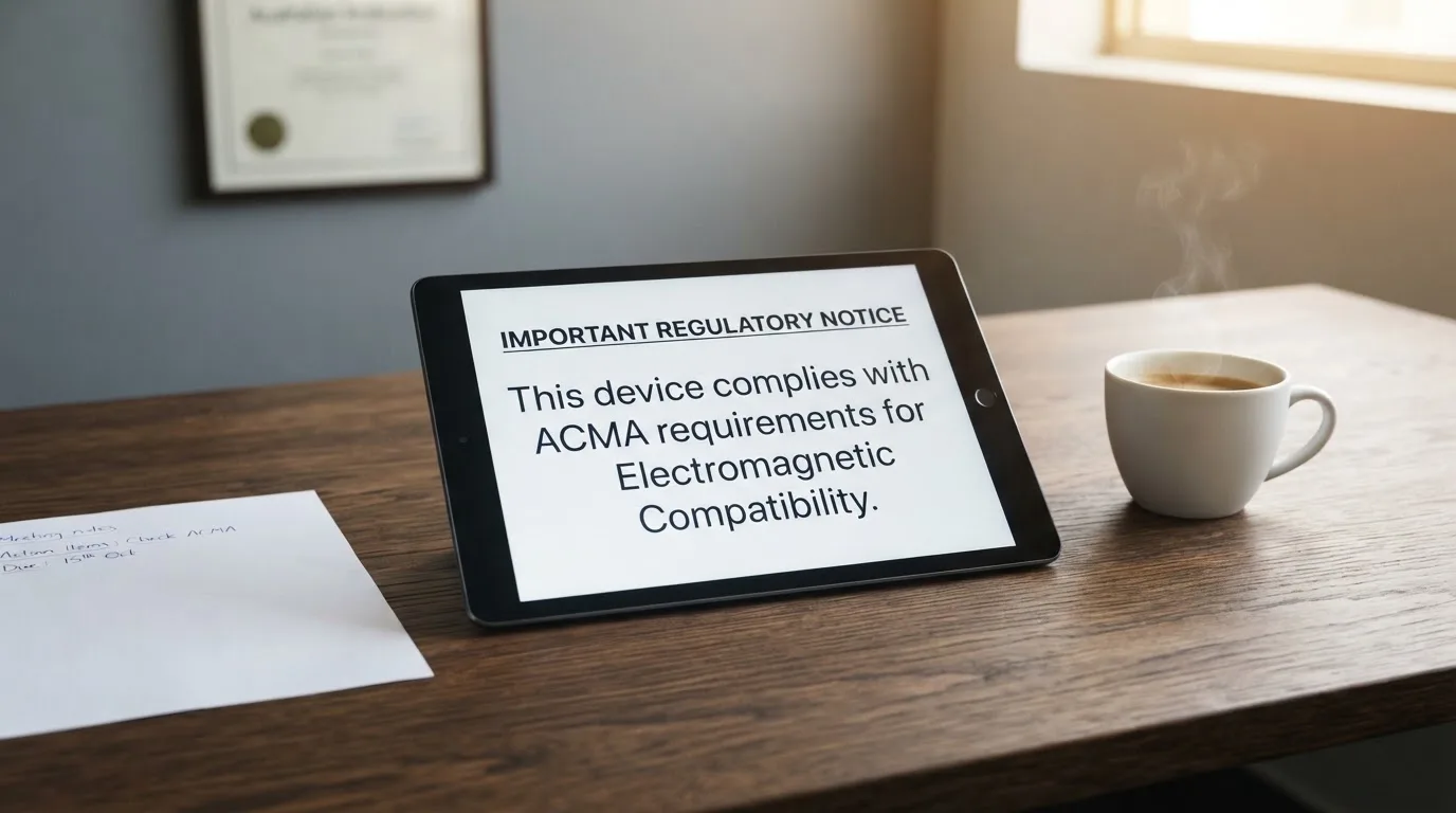 A tablet screen displaying an official regulator warning notice on a desk beside a coffee cup.