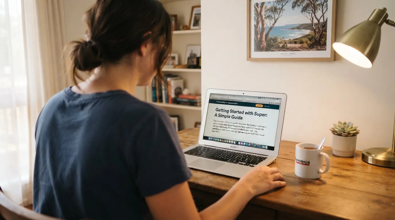 A person at a laptop reading a plain-language explainer article at a home desk.