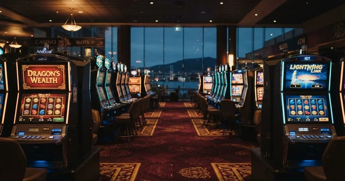 A quiet casino gaming floor inside a waterfront resort in Hobart.