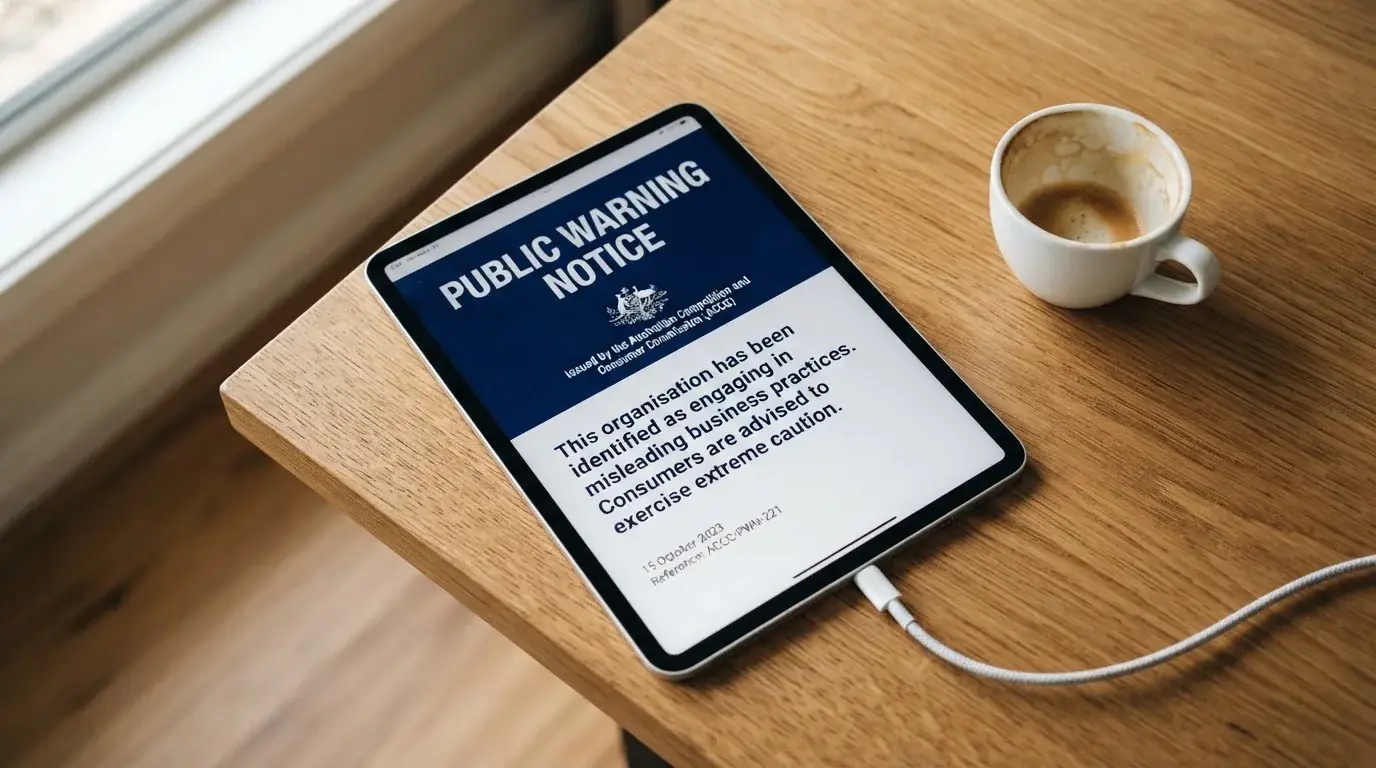 A tablet screen displaying an official regulator warning notice on a desk beside a coffee cup.