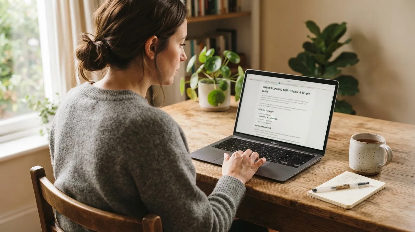 A person at a laptop reading a plain-language explainer article at a home desk.