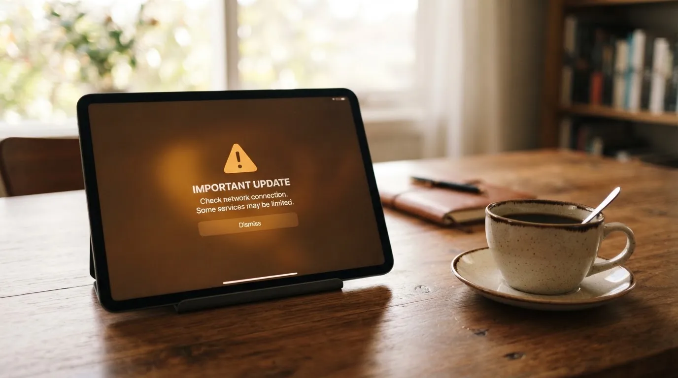 A tablet screen displaying an official regulator warning notice on a desk beside a coffee cup.