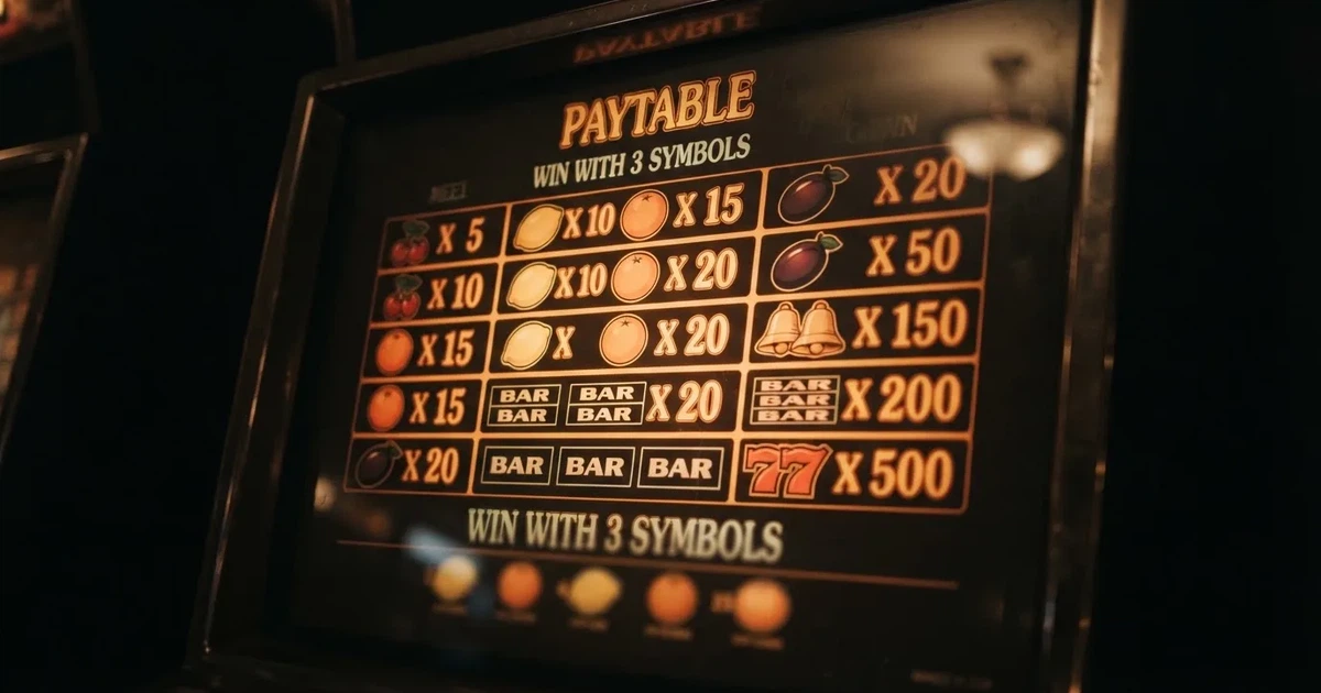 A slot machine's paytable screen glowing on a monitor in a dim room.