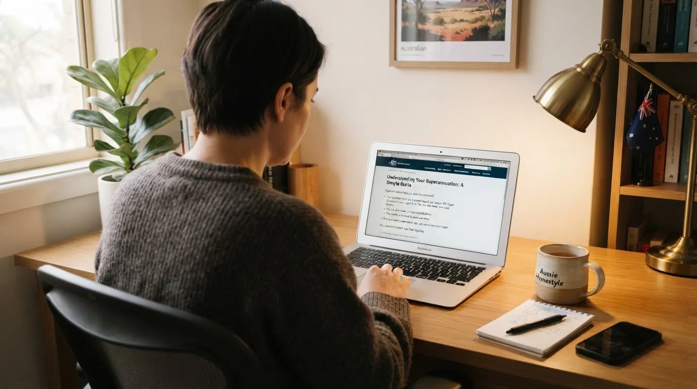 A person at a laptop reading a plain-language explainer article at a home desk.