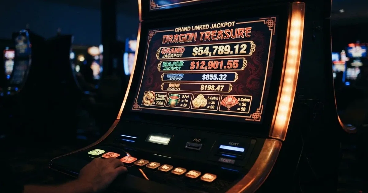 A slot machine's paytable screen glowing on a monitor in a dim room.
