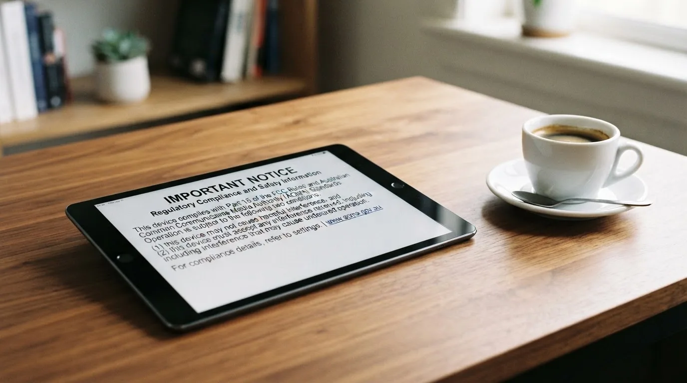 A tablet screen displaying an official regulator warning notice on a desk beside a coffee cup.
