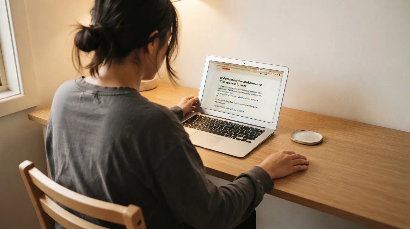 A person at a laptop reading a plain-language explainer article at a home desk.
