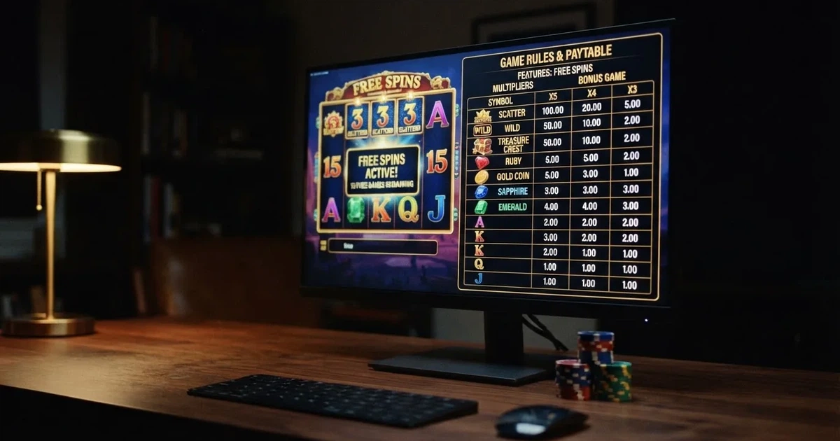 A slot machine's paytable screen glowing on a monitor in a dim room.