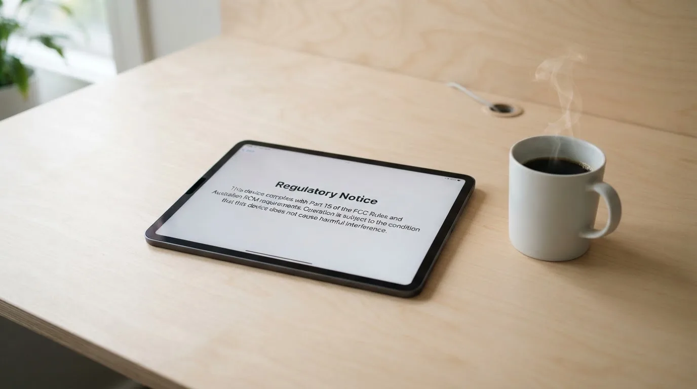 A tablet screen displaying an official regulator warning notice on a desk beside a coffee cup.