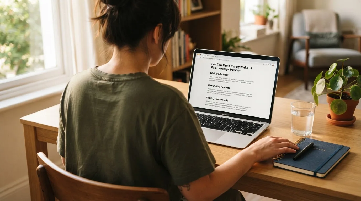 A person at a laptop reading a plain-language explainer article at a home desk.