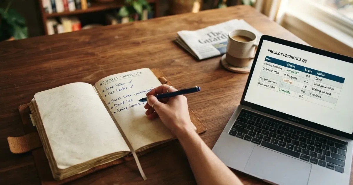 A notepad with a handwritten shortlist beside a laptop showing a comparison table.