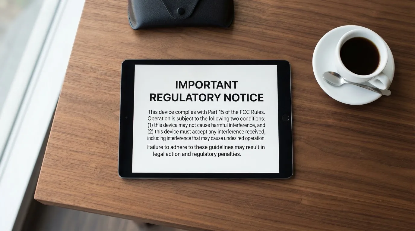 A tablet screen displaying an official regulator warning notice on a desk beside a coffee cup.