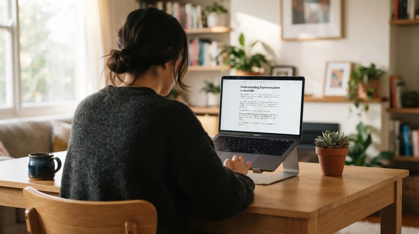 A person at a laptop reading a plain-language explainer article at a home desk.