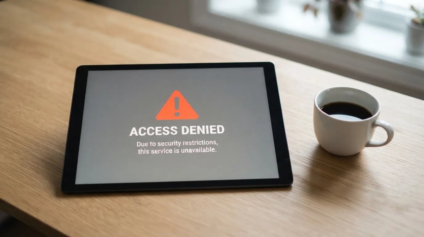 A tablet screen displaying an official regulator warning notice on a desk beside a coffee cup.