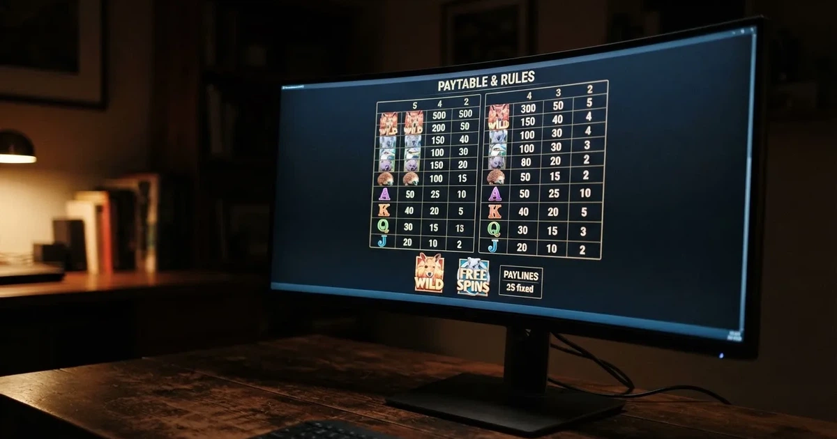 A slot machine's paytable screen glowing on a monitor in a dim room.
