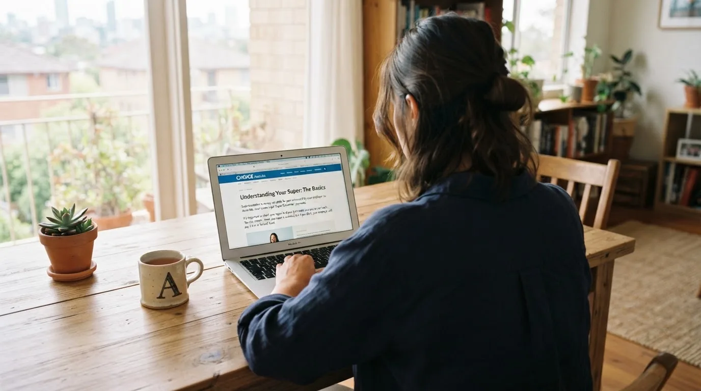 A person at a laptop reading a plain-language explainer article at a home desk.