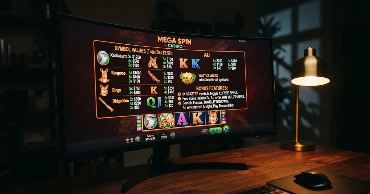 A slot machine's paytable screen glowing on a monitor in a dim room.