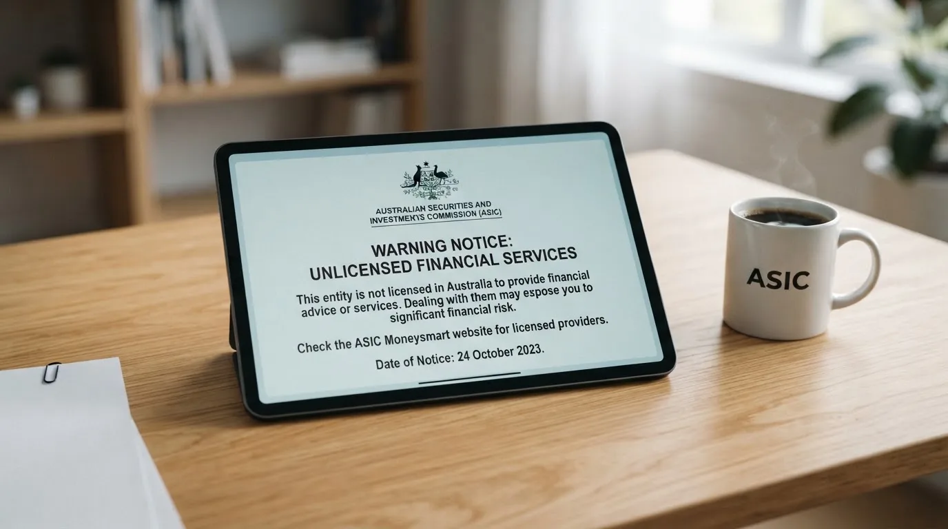 A tablet screen displaying an official regulator warning notice on a desk beside a coffee cup.