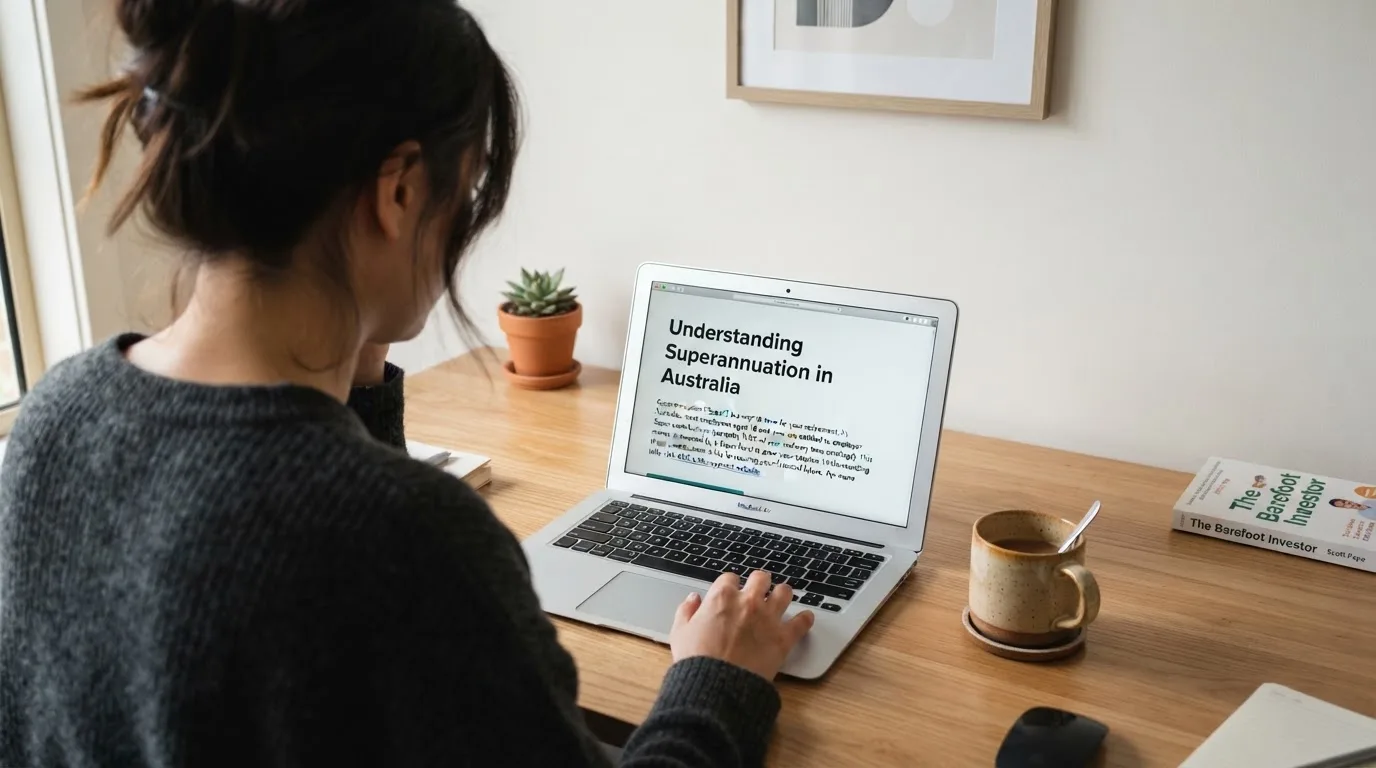 A person at a laptop reading a plain-language explainer article at a home desk.
